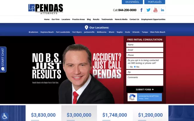 Screenshot of the The Pendas Law Firm - Florida Personal Injury Lawyers Website