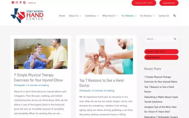 Screenshot of the Fort Worth Hand Center Blog