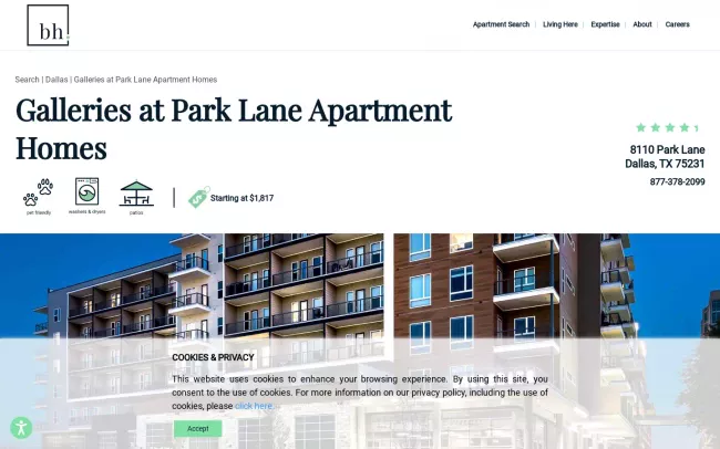 Screenshot of the Galleries at Park Lane Website