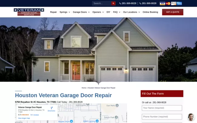 Screenshot of the Veteran Garage Door Repair Website