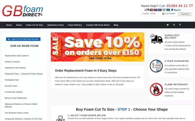 Screenshot of the GB Foam Direct Website