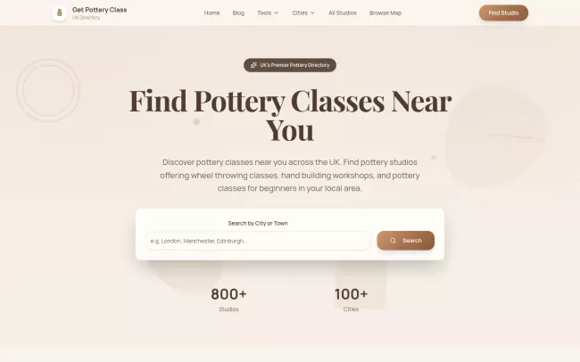 Screenshot of the Get Pottery Class Website