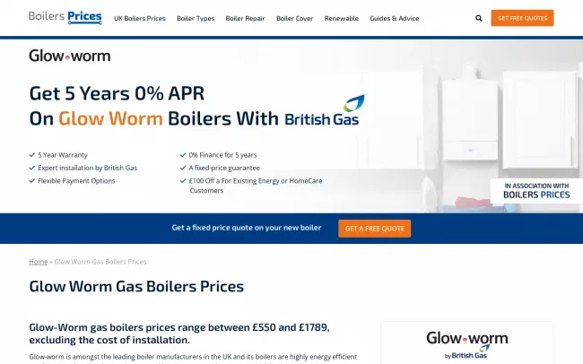 Screenshot of the Boilers Prices Website