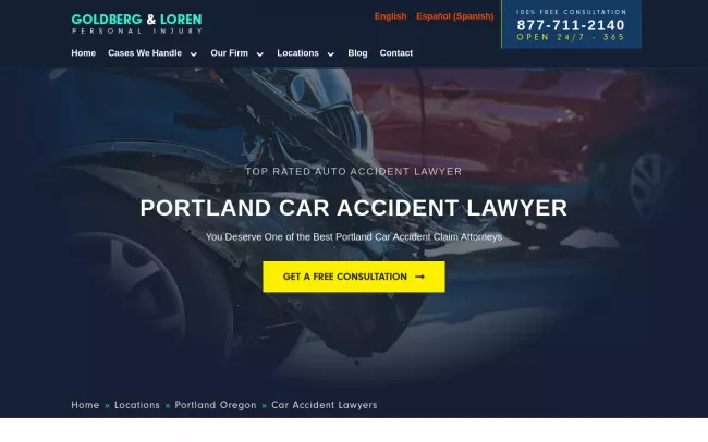 Screenshot of the Goldberg & Loren Portland Car Accident Attorneys Website