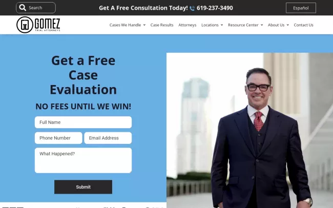 Screenshot of the Gomez Trial Attorneys, Accident & Injury Lawyers Website