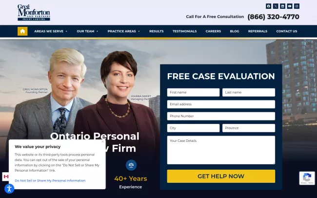 Screenshot of the Greg Monforton and Partners - Windsor Personal Injury Lawyers Website