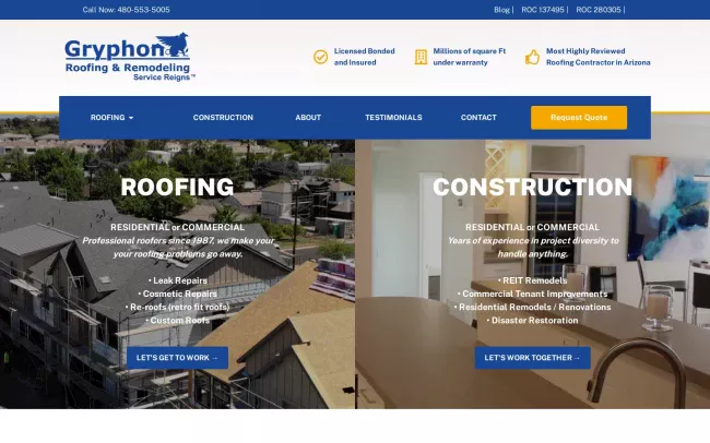 Screenshot of the Gryphon Roofing & Remodeling Website