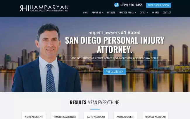 Screenshot of the Hamparyan Personal Injury Lawyers San Diego, APC Website