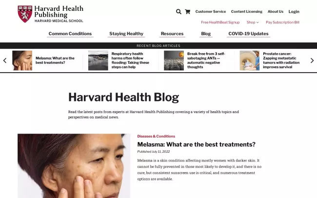 Screenshot of the Harvard Health Blog