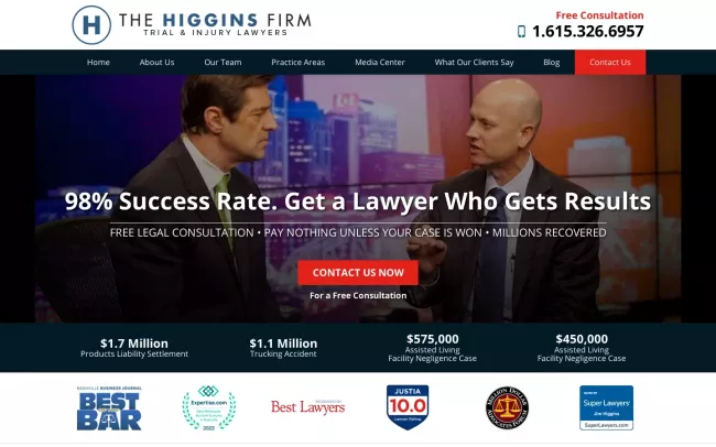 Screenshot of the The Higgins Firm Website