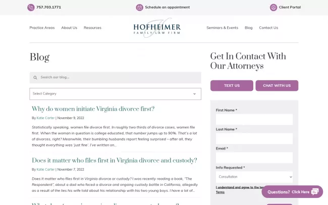 Screenshot of the Hofheimer Family Law Firm Blog