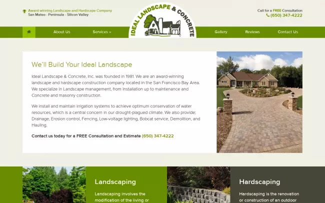 Screenshot of the Ideal Landscape & Concrete - Burlingame, CA Landscaper Website