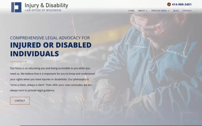 Screenshot of the Injury & Disability Law Office of Wisconsin Website