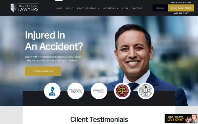 Screenshot of the Injury Trial Lawyers, APC Website
