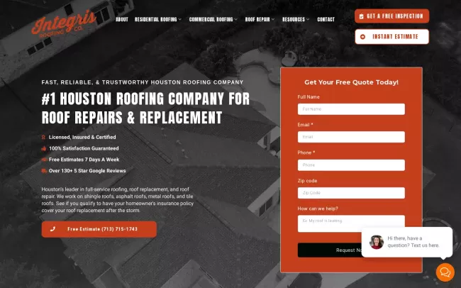Screenshot of the Integris Roofing Website