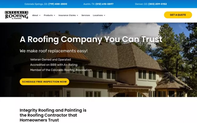 Screenshot of the Integrity Roofing and Painting Website