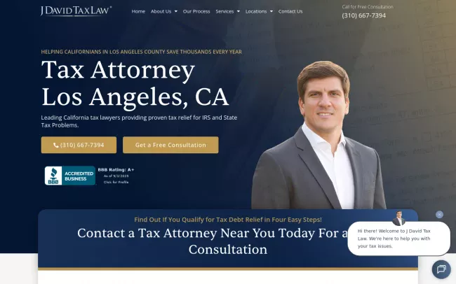 Screenshot of the J. David Tax Law Los Angeles, CA Website
