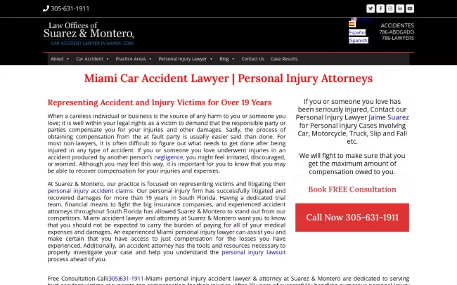 Screenshot of the Suarez And Montero - Car Accident Lawyers in Miami Website