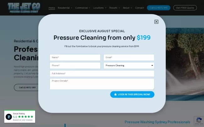 Screenshot of the The Jet Co Pressure Cleaning Sydney Website