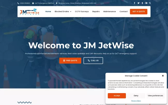 Screenshot of the JM Jetwise Drainage - Drainage Services Wakefield Website