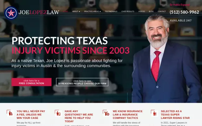 Screenshot of the Joe Lopez Law: Austin Car Accident Lawyer Website