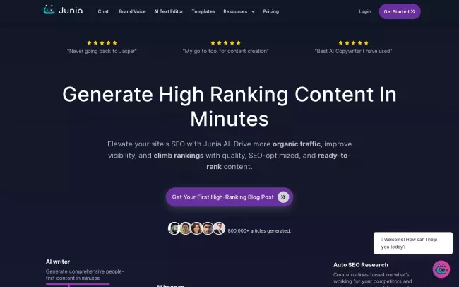 Screenshot of the Junia AI Website