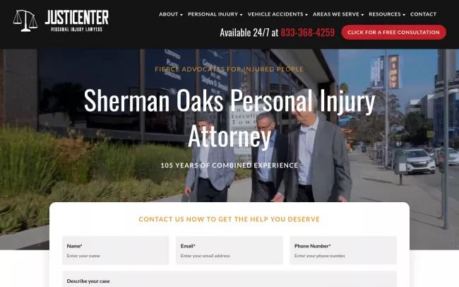 Screenshot of the JUSTICENTER Personal Injury Lawyers Website