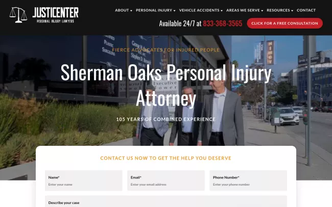 Screenshot of the JUSTICENTER Personal Injury Lawyers Website