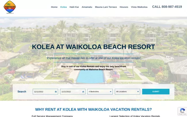 Screenshot of the Kolea Vacation rentals Website
