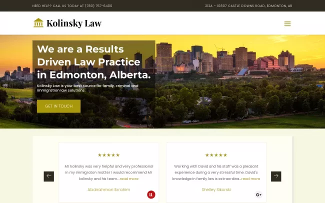 Screenshot of the Kolinsky Law - Best Family Lawyer in Edmonton, Alberta | Divorce & Child Custody Lawyer | Criminal & Impaired Driving Lawyer Website