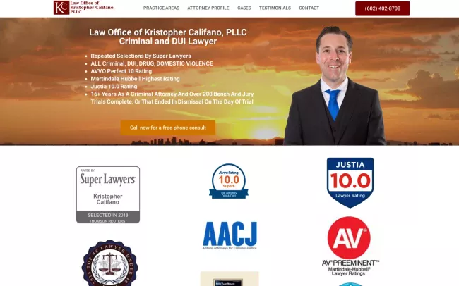 Screenshot of the Law Office of Kristopher Califano, PLLC Website
