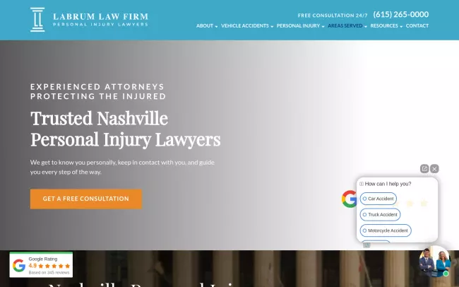 Screenshot of the Labrum Law Firm Personal Injury Lawyers - Nashville Office Website
