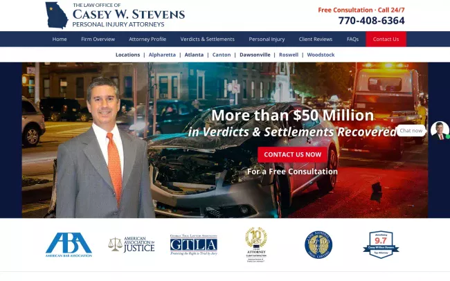 Screenshot of the Casey W. Stevens Law: Alpharetta Personal Injury & Car Accident Lawyers Website