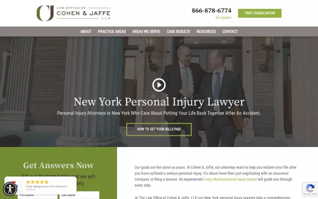 Screenshot of the Law Office Of Cohen & Jaffe LLP Personal Injury, Medical Malpractice and Accident Lawyers Website