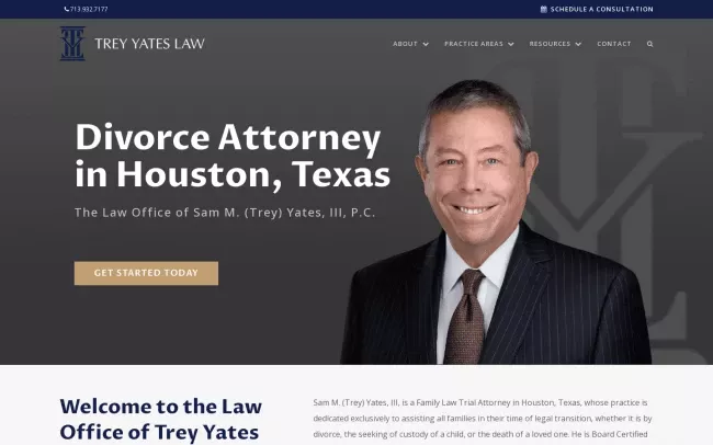 Screenshot of the The Law Office of Sam M. (Trey) Yates, III, P.C. Website