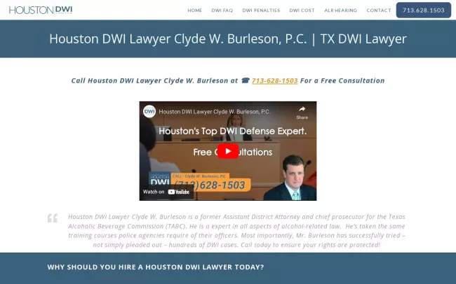 Screenshot of the Houston DWI Lawyer Clyde W. Burleson, P.C. Website