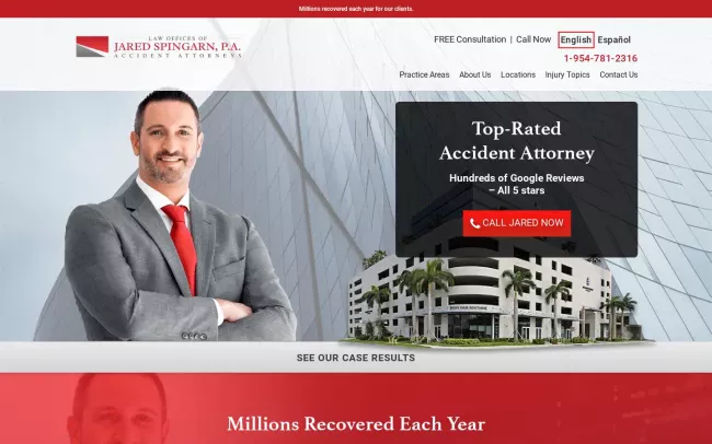 Screenshot of the Jared Spingarn, PA | Hallandale Beach Car Accident Injury Lawyers Website
