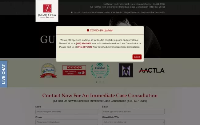 Screenshot of the The Law Offices of Jonah Chew Website