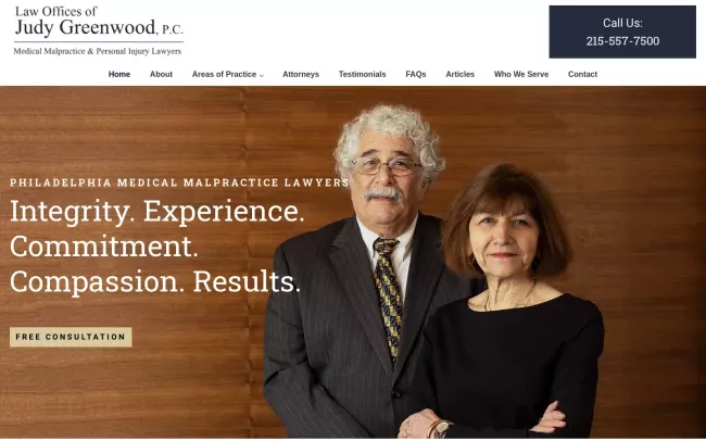 Screenshot of the Law Offices of Judy Greenwood PC - medical malpractice lawyers Website