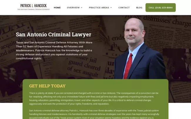 Screenshot of the Law Offices of Patrick L. Hancock - Criminal Defense Attorney Website