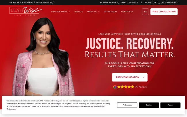 Screenshot of the Leah Wise Law Firm, PLLC Website