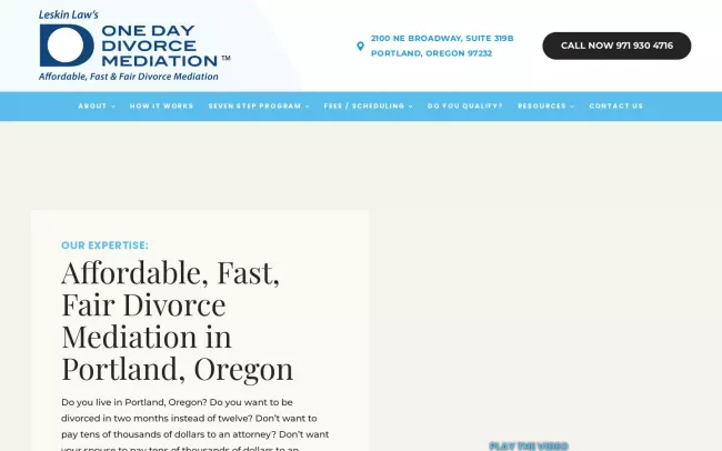 Screenshot of the Leskin Law's One Day Divorce Mediation Website