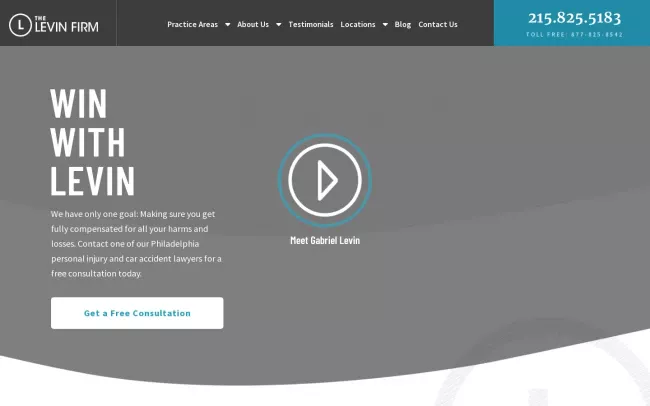 Screenshot of the The Levin Firm Personal Injury and Car Accident Lawyers - Philadelphia Office Website