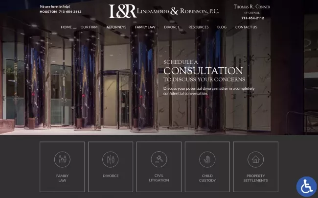 Screenshot of the Lindamood & Robinson, P.C - Houston Divorce Website