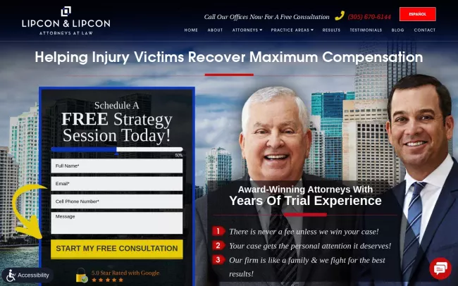 Screenshot of the Lipcon & Lipcon, P.A. Website