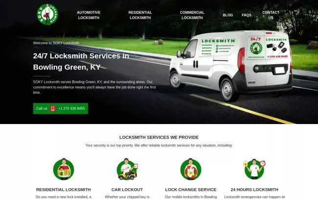 Screenshot of the Locksmith Bowling Green KY - SOKY Locksmith Website