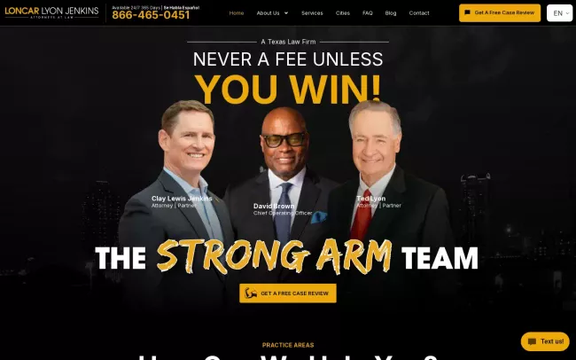 Screenshot of the Loncar Lyon Jenkins, Injury Accident Lawyers - Lubbock Website