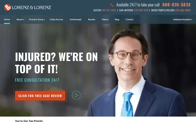 Screenshot of the Lorenz & Lorenz Accident & Injury Lawyers - Austin Website