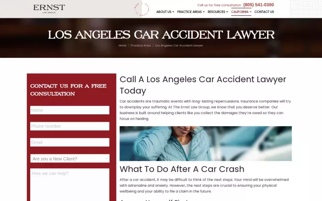 Screenshot of the Ernst Law Group - Los Angeles Car Accident Attorney Website