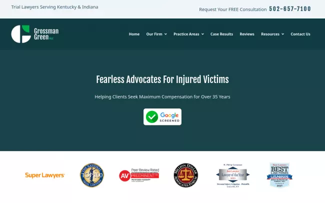 Screenshot of the Grossman Green PLLC - Louisville Truck Accident Lawyer Website